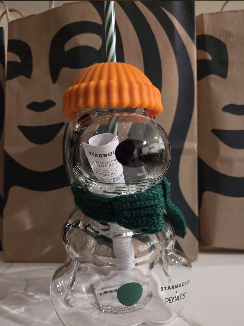 Starbucks Snoopy Glass Tumbler with Orange Lid and Green Scarf